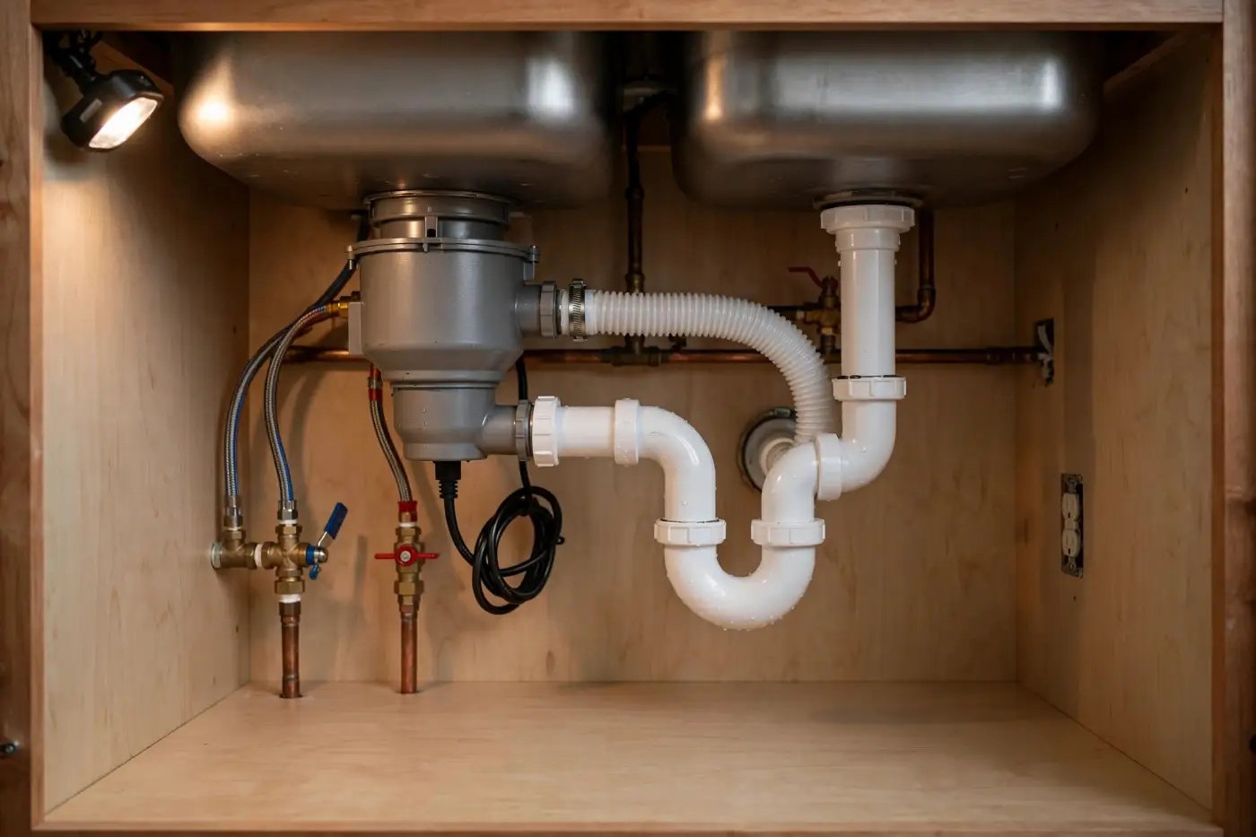 Under-sink kitchen drain pipes and P-trap in a Newville home